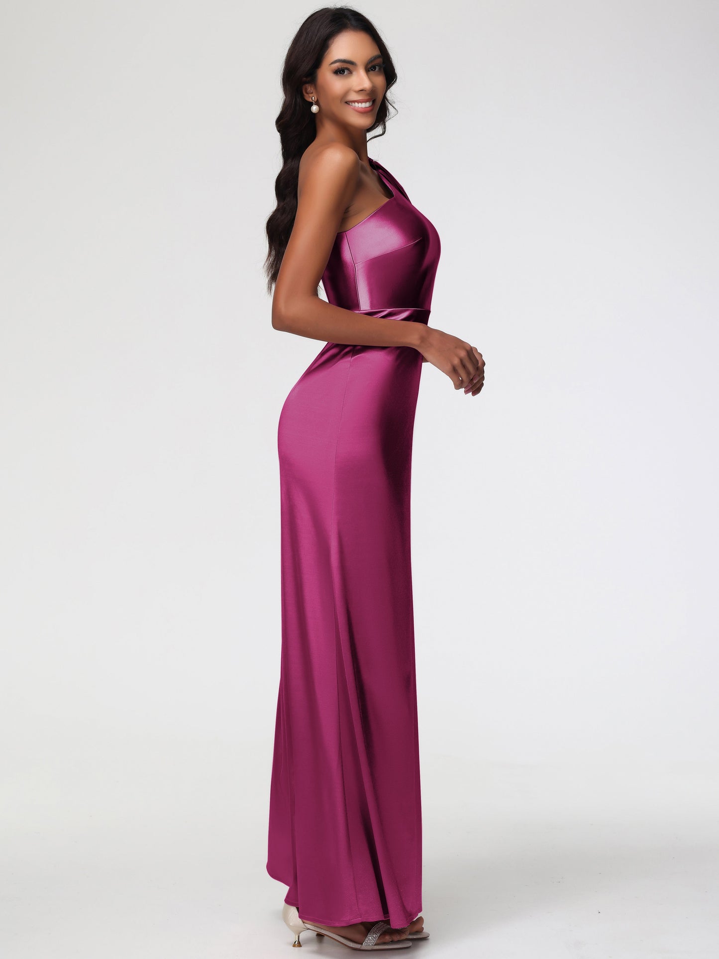 Fuchsia Pink Bridesmaid Dresses Elegant One Shoulder Stretch Satin Sleeveless Sheath/Column Bridesmaid Dresses