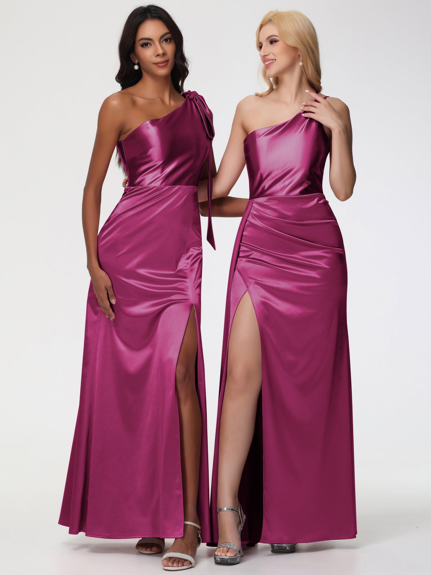 Fuchsia Pink Bridesmaid Dresses Elegant One Shoulder Stretch Satin Sleeveless Sheath/Column Bridesmaid Dresses