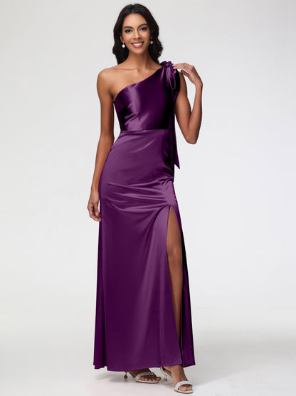 Grape Colored Bridesmaid Dresses Elegant One Shoulder Stretch Satin Sleeveless Sheath/Column Bridesmaid Dresses