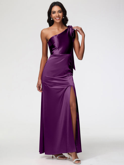 Grape Colored Bridesmaid Dresses Elegant One Shoulder Stretch Satin Sleeveless Sheath/Column Bridesmaid Dresses