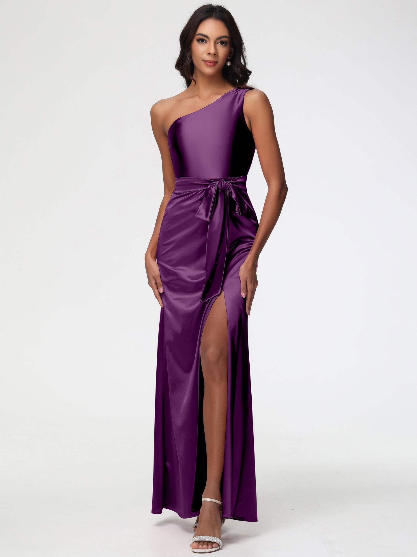 Grape Colored Bridesmaid Dresses Elegant One Shoulder Stretch Satin Sleeveless Sheath/Column Bridesmaid Dresses