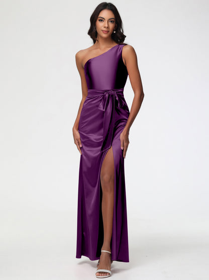 Grape Colored Bridesmaid Dresses Elegant One Shoulder Stretch Satin Sleeveless Sheath/Column Bridesmaid Dresses