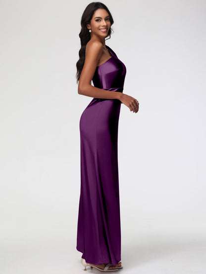 Grape Colored Bridesmaid Dresses Elegant One Shoulder Stretch Satin Sleeveless Sheath/Column Bridesmaid Dresses