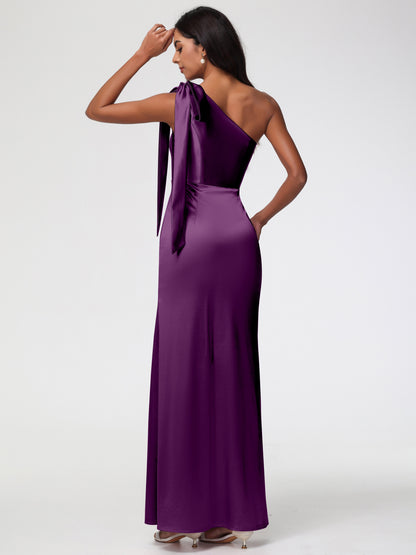 Grape Colored Bridesmaid Dresses Elegant One Shoulder Stretch Satin Sleeveless Sheath/Column Bridesmaid Dresses