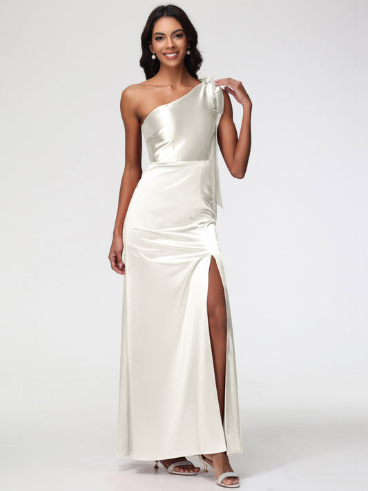 Ivory Bridesmaids Dresses Elegant One Shoulder Stretch Satin Sleeveless Sheath/Column Bridesmaid Dresses