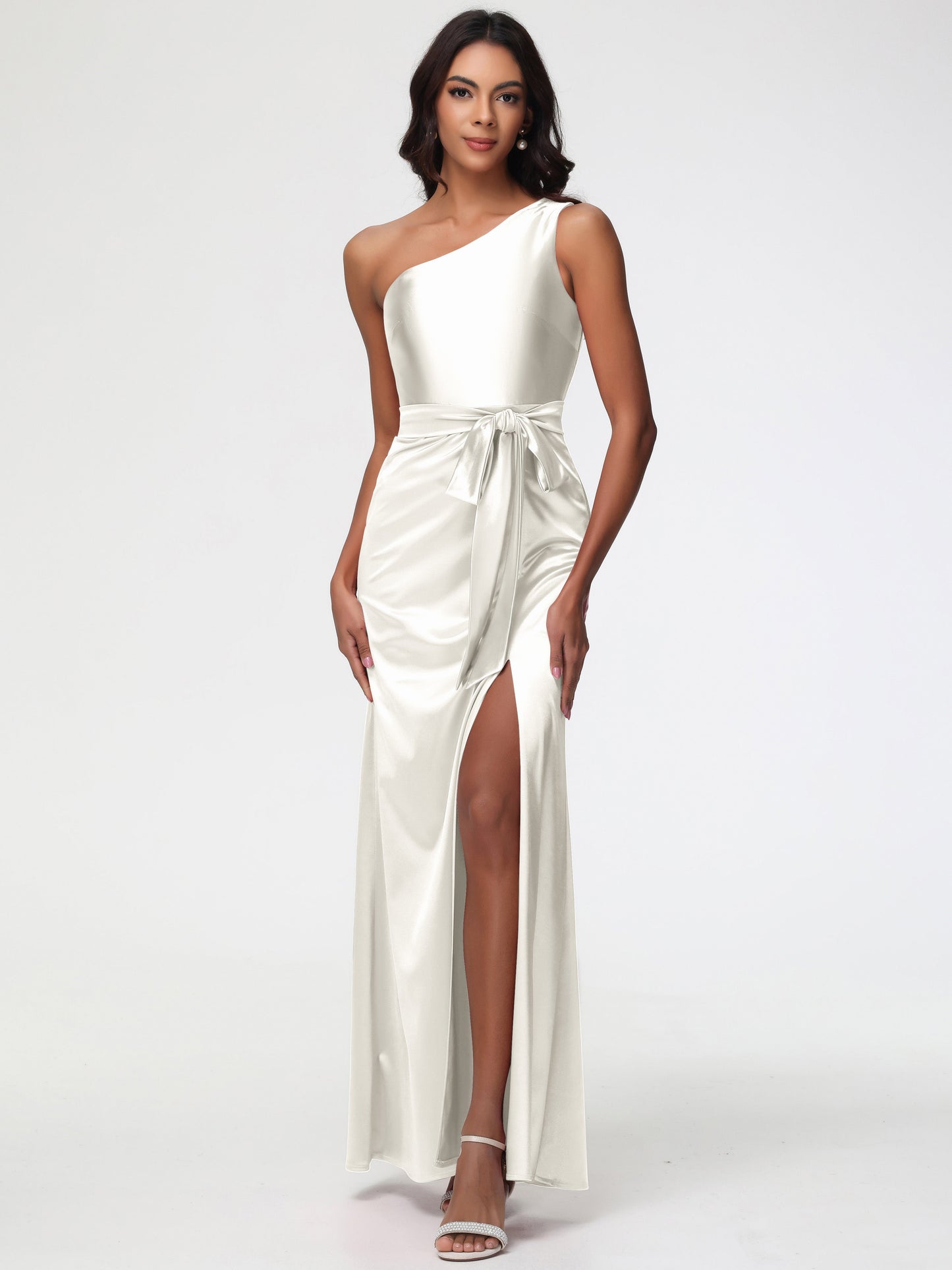 Ivory Bridesmaids Dresses Elegant One Shoulder Stretch Satin Sleeveless Sheath/Column Bridesmaid Dresses