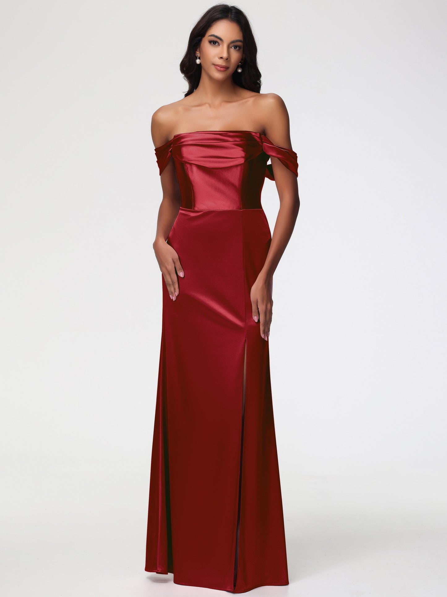 Girls Burgundy Bridesmaid Dresses Sheath/Column Off The Shoulder Minimalist Slit Stretch Satin Long Bridesmaid Dresses