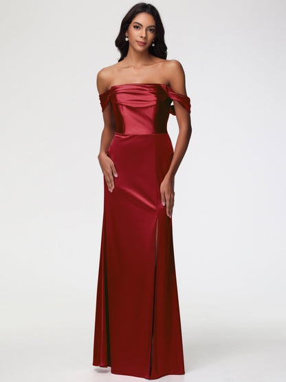 Girls Burgundy Bridesmaid Dresses Sheath/Column Off The Shoulder Minimalist Slit Stretch Satin Long Bridesmaid Dresses
