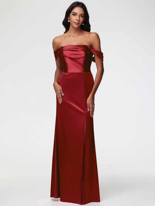 Girls Burgundy Bridesmaid Dresses Sheath/Column Off The Shoulder Minimalist Slit Stretch Satin Long Bridesmaid Dresses