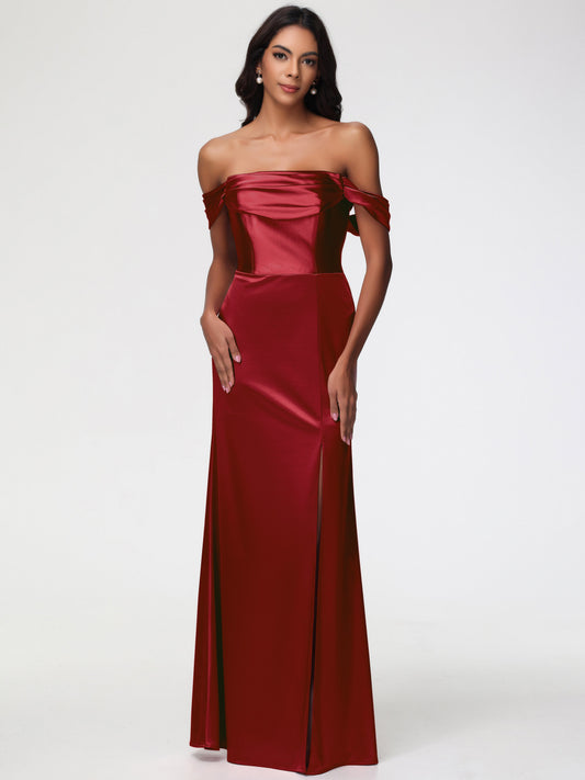 Girls Burgundy Bridesmaid Dresses Sheath/Column Off The Shoulder Minimalist Slit Stretch Satin Long Bridesmaid Dresses
