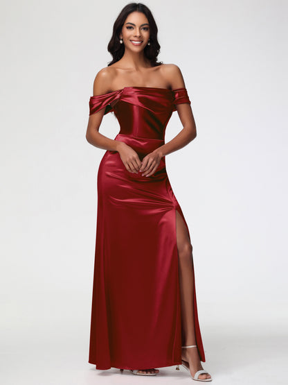 Girls Burgundy Bridesmaid Dresses Sheath/Column Off The Shoulder Minimalist Slit Stretch Satin Long Bridesmaid Dresses