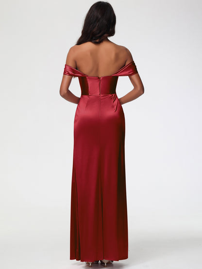 Girls Burgundy Bridesmaid Dresses Sheath/Column Off The Shoulder Minimalist Slit Stretch Satin Long Bridesmaid Dresses