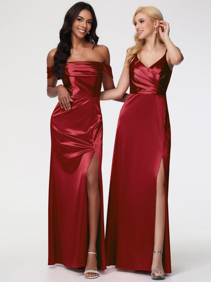 Girls Burgundy Bridesmaid Dresses Sheath/Column Off The Shoulder Minimalist Slit Stretch Satin Long Bridesmaid Dresses