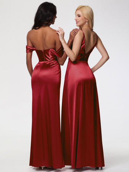 Girls Burgundy Bridesmaid Dresses Sheath/Column Off The Shoulder Minimalist Slit Stretch Satin Long Bridesmaid Dresses