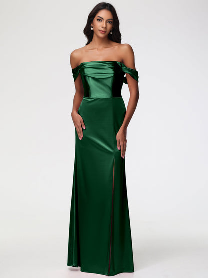 Dark Green Satin Bridesmaid Dress Sheath/Column Off The Shoulder Minimalist Slit Stretch Satin Long Bridesmaid Dresses