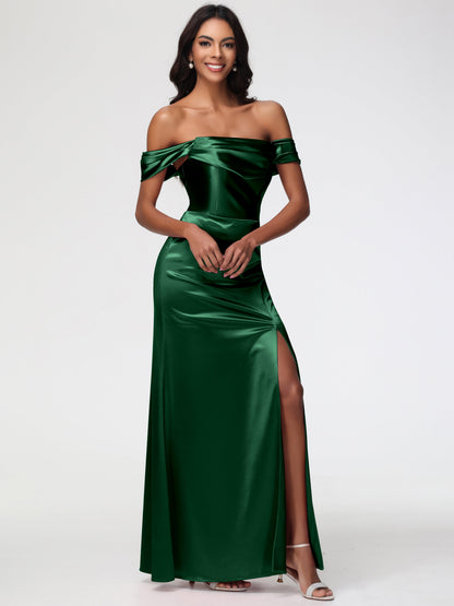 Dark Green Satin Bridesmaid Dress Sheath/Column Off The Shoulder Minimalist Slit Stretch Satin Long Bridesmaid Dresses