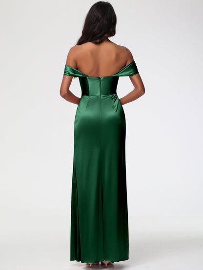 Dark Green Satin Bridesmaid Dress Sheath/Column Off The Shoulder Minimalist Slit Stretch Satin Long Bridesmaid Dresses