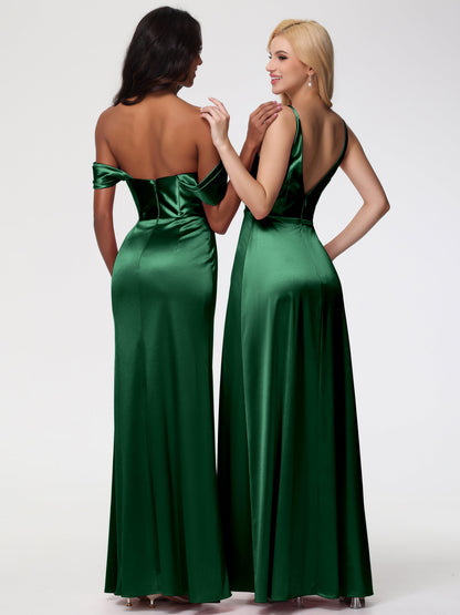 Dark Green Satin Bridesmaid Dress Sheath/Column Off The Shoulder Minimalist Slit Stretch Satin Long Bridesmaid Dresses