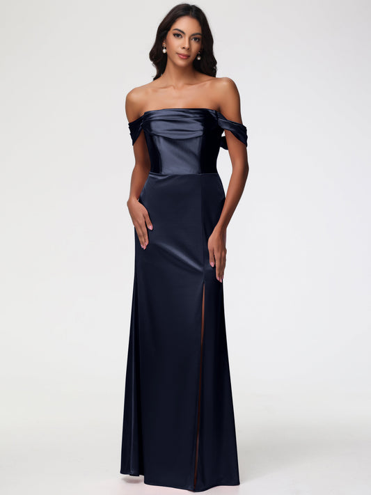 Dark Navy Blue Bridesmaid Dress Sheath/Column Off The Shoulder Minimalist Slit Stretch Satin Long Bridesmaid Dresses