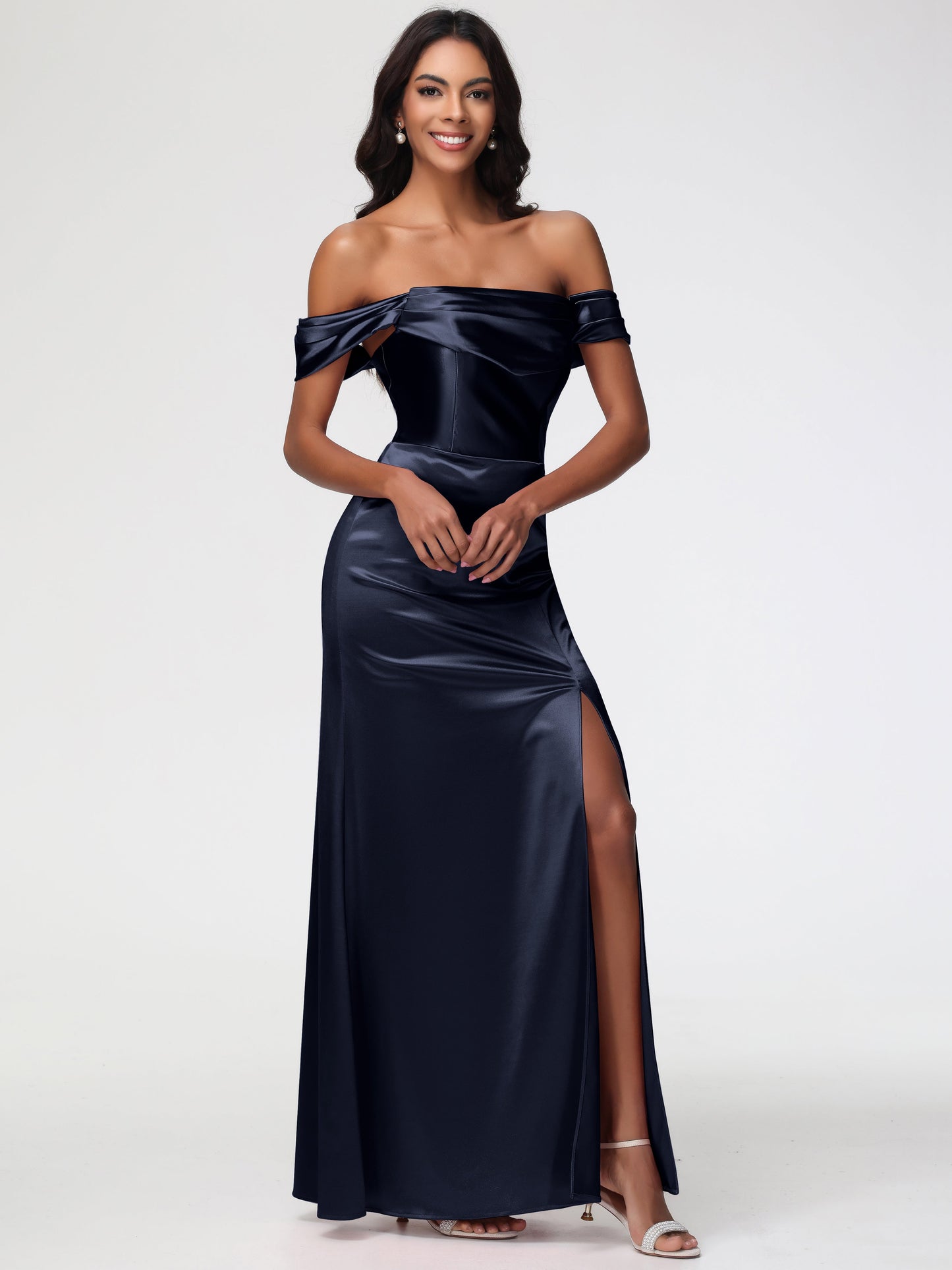 Dark Navy Blue Bridesmaid Dress Sheath/Column Off The Shoulder Minimalist Slit Stretch Satin Long Bridesmaid Dresses