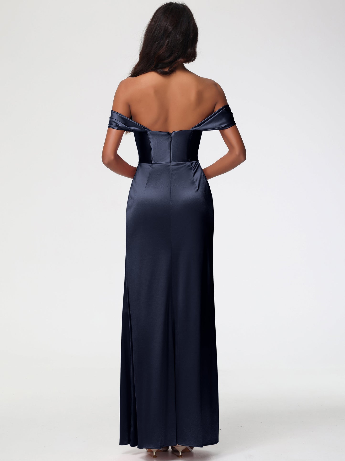 Dark Navy Blue Bridesmaid Dress Sheath/Column Off The Shoulder Minimalist Slit Stretch Satin Long Bridesmaid Dresses