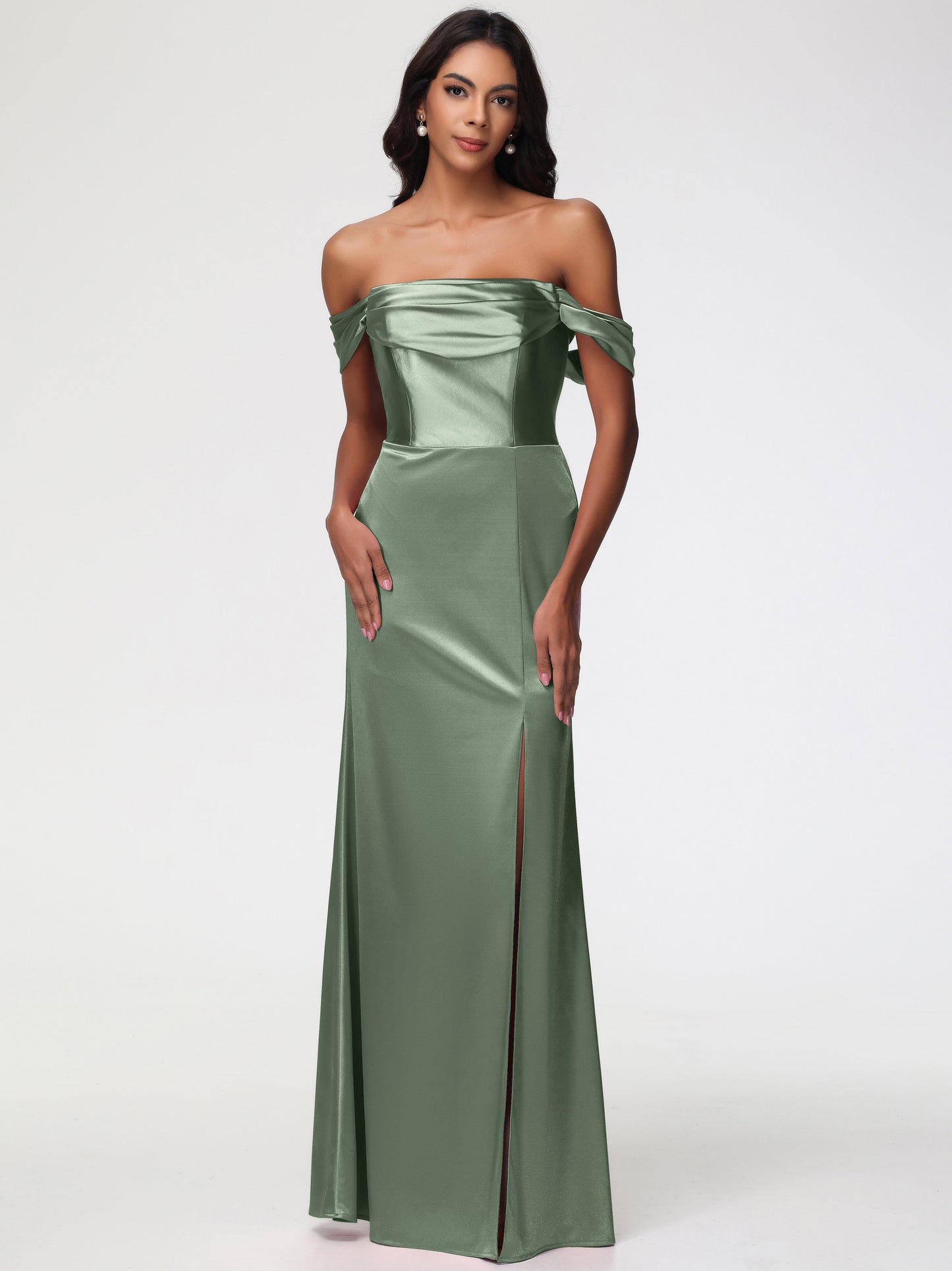 Dusty Sage Bridesmaid Dresses Near Me Sheath/Column Off The Shoulder Minimalist Slit Stretch Satin Long Bridesmaid Dresses