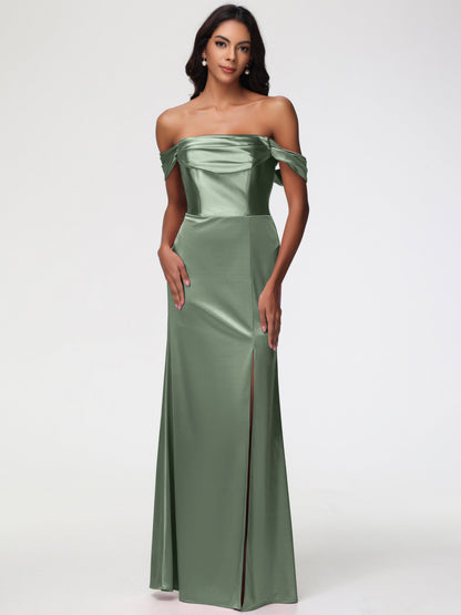 Dusty Sage Bridesmaid Dresses Near Me Sheath/Column Off The Shoulder Minimalist Slit Stretch Satin Long Bridesmaid Dresses