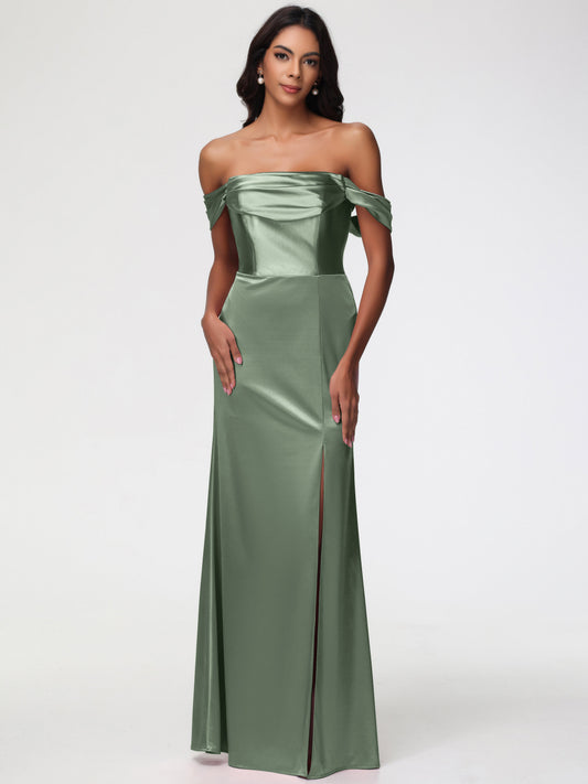 Dusty Sage Bridesmaid Dresses Near Me Sheath/Column Off The Shoulder Minimalist Slit Stretch Satin Long Bridesmaid Dresses