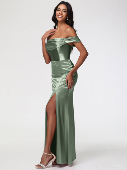 Dusty Sage Bridesmaid Dresses Near Me Sheath/Column Off The Shoulder Minimalist Slit Stretch Satin Long Bridesmaid Dresses