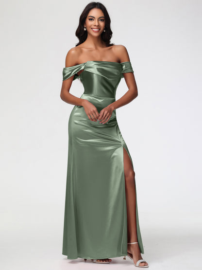 Dusty Sage Bridesmaid Dresses Near Me Sheath/Column Off The Shoulder Minimalist Slit Stretch Satin Long Bridesmaid Dresses