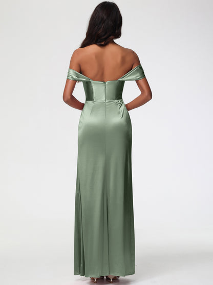 Dusty Sage Bridesmaid Dresses Near Me Sheath/Column Off The Shoulder Minimalist Slit Stretch Satin Long Bridesmaid Dresses