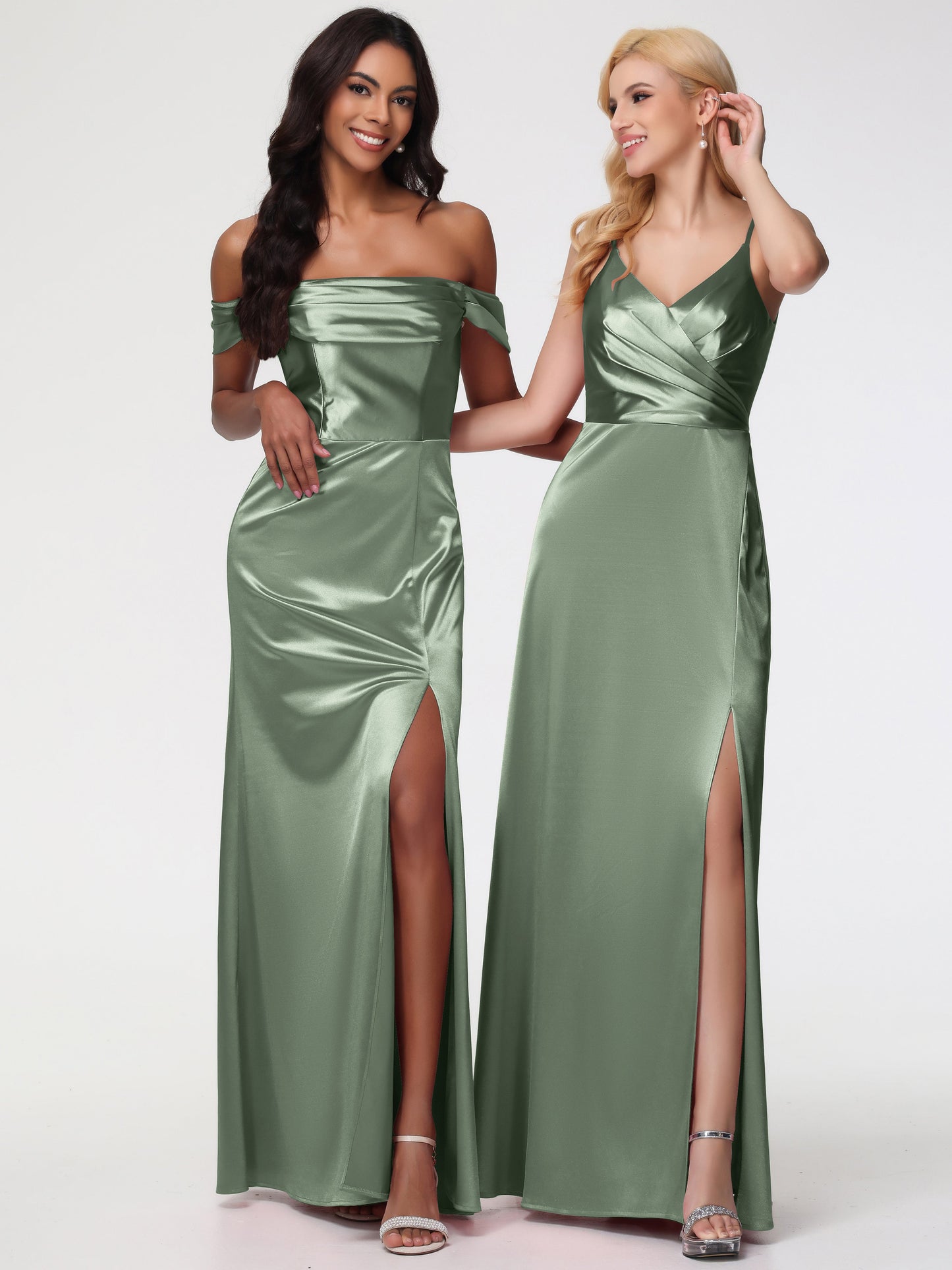 Dusty Sage Bridesmaid Dresses Near Me Sheath/Column Off The Shoulder Minimalist Slit Stretch Satin Long Bridesmaid Dresses