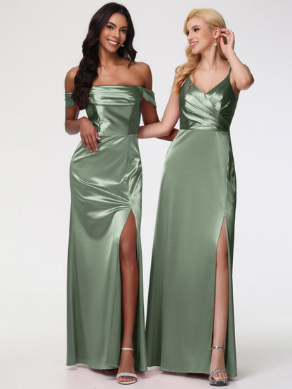 Dusty Sage Bridesmaid Dresses Near Me Sheath/Column Off The Shoulder Minimalist Slit Stretch Satin Long Bridesmaid Dresses