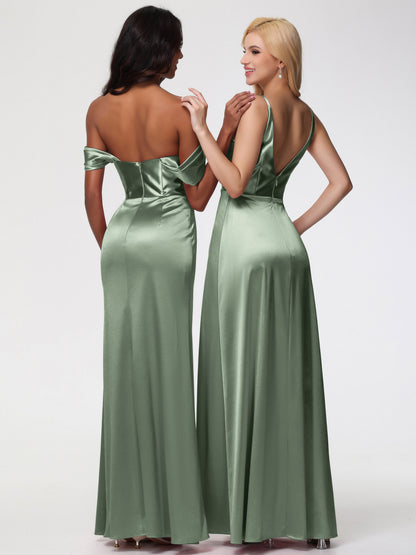 Dusty Sage Bridesmaid Dresses Near Me Sheath/Column Off The Shoulder Minimalist Slit Stretch Satin Long Bridesmaid Dresses