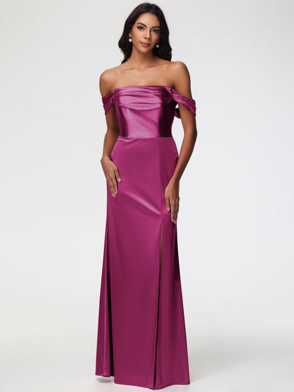 Fuchsia Color Bridesmaid Dress Sheath/Column Off The Shoulder Minimalist Slit Stretch Satin Long Bridesmaid Dresses