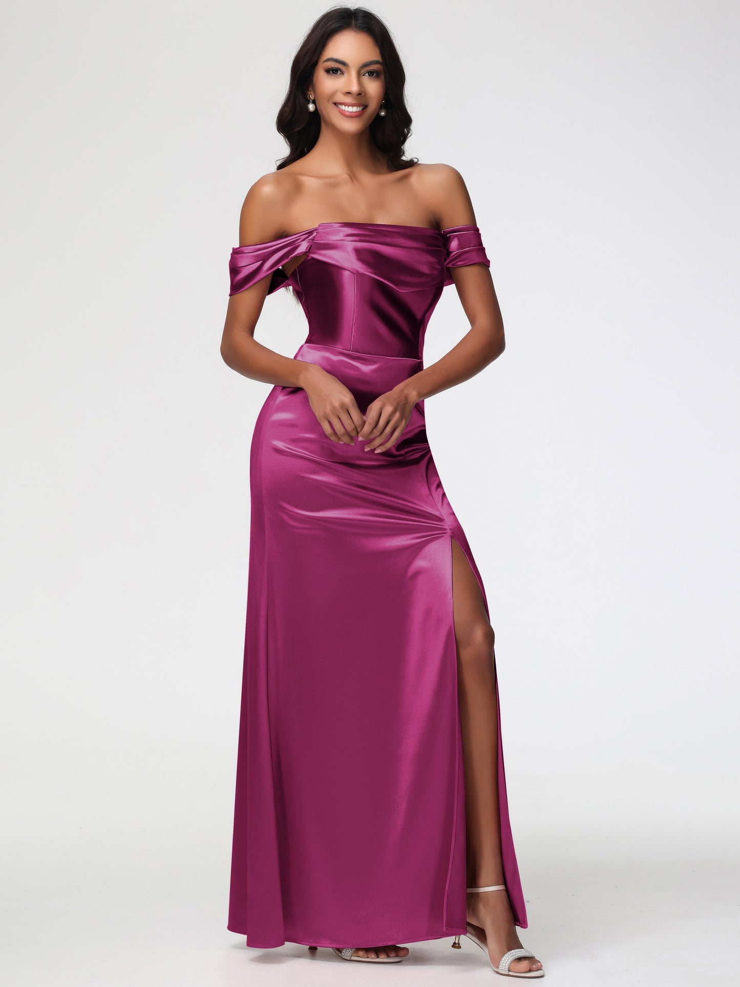 Fuchsia Color Bridesmaid Dress Sheath/Column Off The Shoulder Minimalist Slit Stretch Satin Long Bridesmaid Dresses