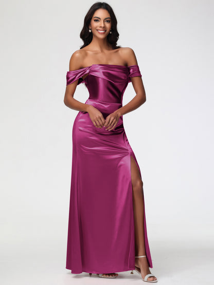 Fuchsia Color Bridesmaid Dress Sheath/Column Off The Shoulder Minimalist Slit Stretch Satin Long Bridesmaid Dresses