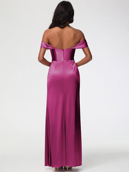 Fuchsia Color Bridesmaid Dress Sheath/Column Off The Shoulder Minimalist Slit Stretch Satin Long Bridesmaid Dresses
