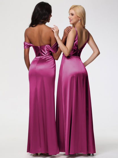 Fuchsia Color Bridesmaid Dress Sheath/Column Off The Shoulder Minimalist Slit Stretch Satin Long Bridesmaid Dresses