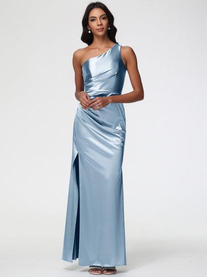 Dusty Blue Bridesmaid Dresses Next One Shoulder Ruched Sleeveless Sheath/Column Floor Length Bridesmaid Dresses With Slit
