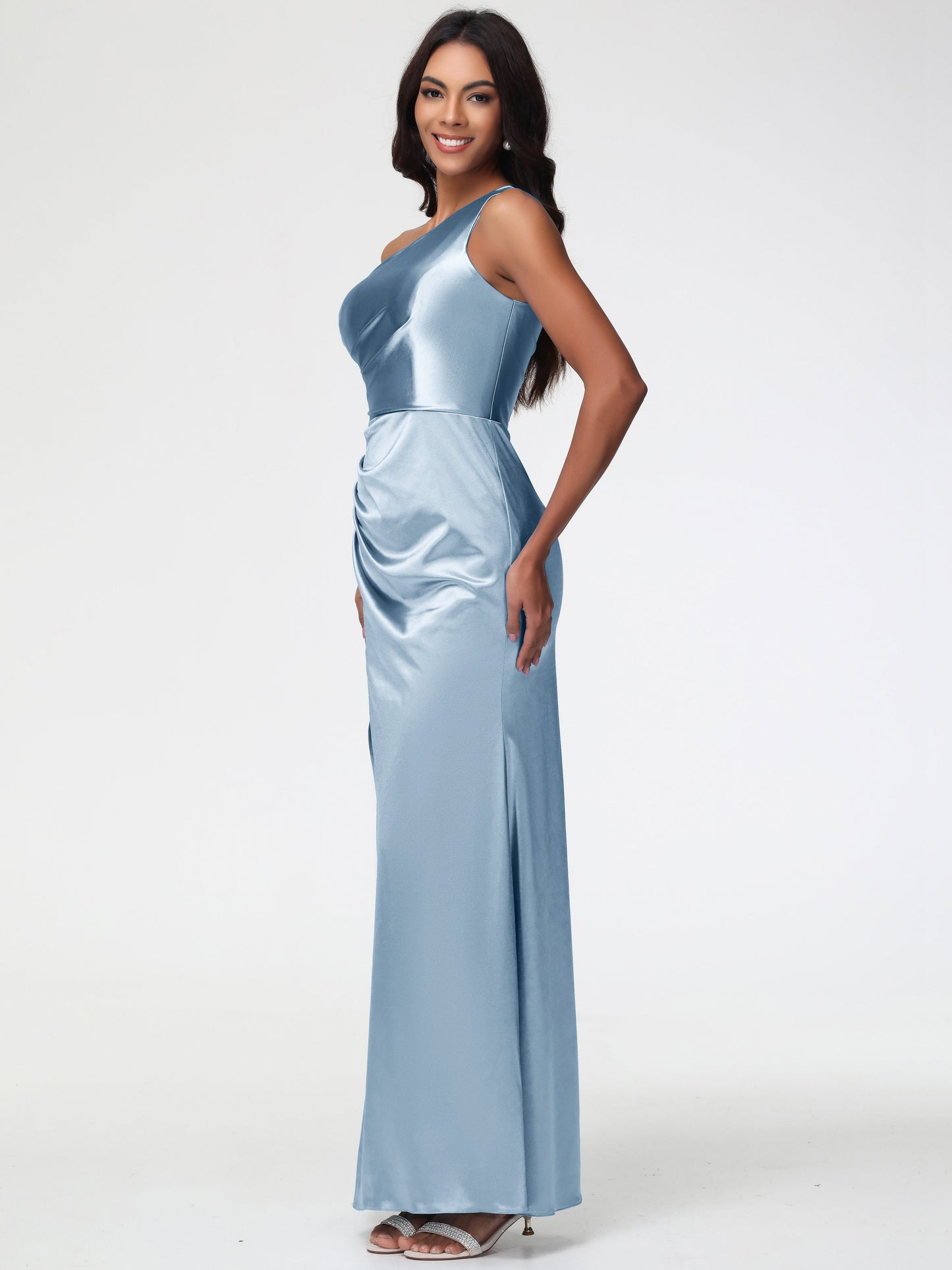 Dusty Blue Bridesmaid Dresses Next One Shoulder Ruched Sleeveless Sheath/Column Floor Length Bridesmaid Dresses With Slit