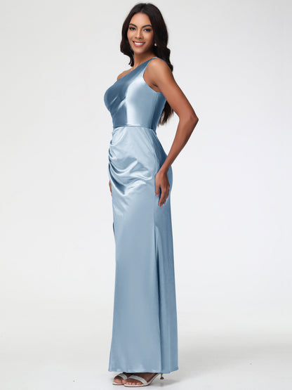 Dusty Blue Bridesmaid Dresses Next One Shoulder Ruched Sleeveless Sheath/Column Floor Length Bridesmaid Dresses With Slit