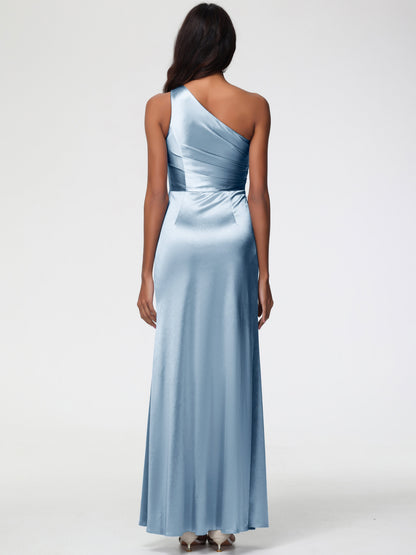 Dusty Blue Bridesmaid Dresses Next One Shoulder Ruched Sleeveless Sheath/Column Floor Length Bridesmaid Dresses With Slit