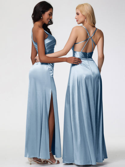 Dusty Blue Bridesmaid Dresses Next One Shoulder Ruched Sleeveless Sheath/Column Floor Length Bridesmaid Dresses With Slit
