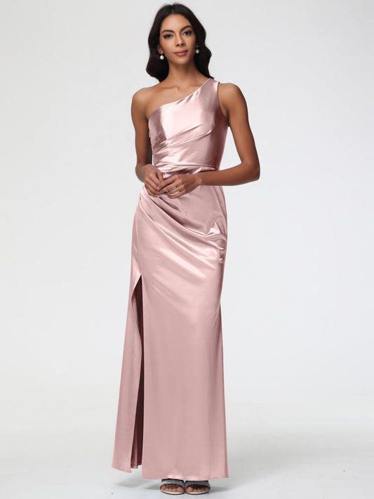 Dusty Rose Pink Bridesmaid Dresses One Shoulder Ruched Sleeveless Sheath/Column Floor Length Bridesmaid Dresses With Slit