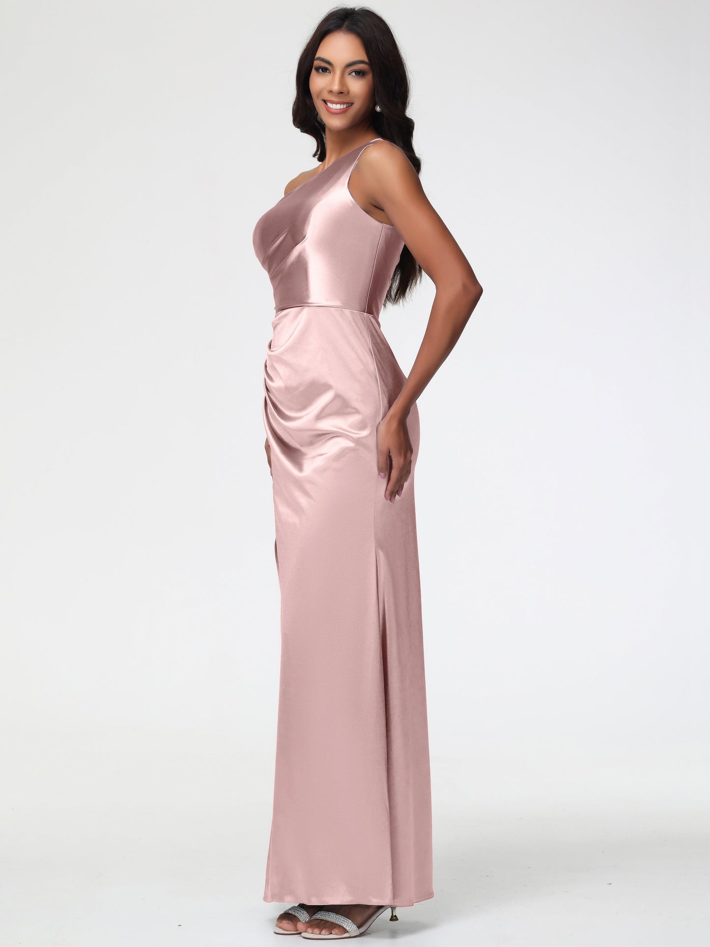 Dusty Rose Pink Bridesmaid Dresses One Shoulder Ruched Sleeveless Sheath/Column Floor Length Bridesmaid Dresses With Slit