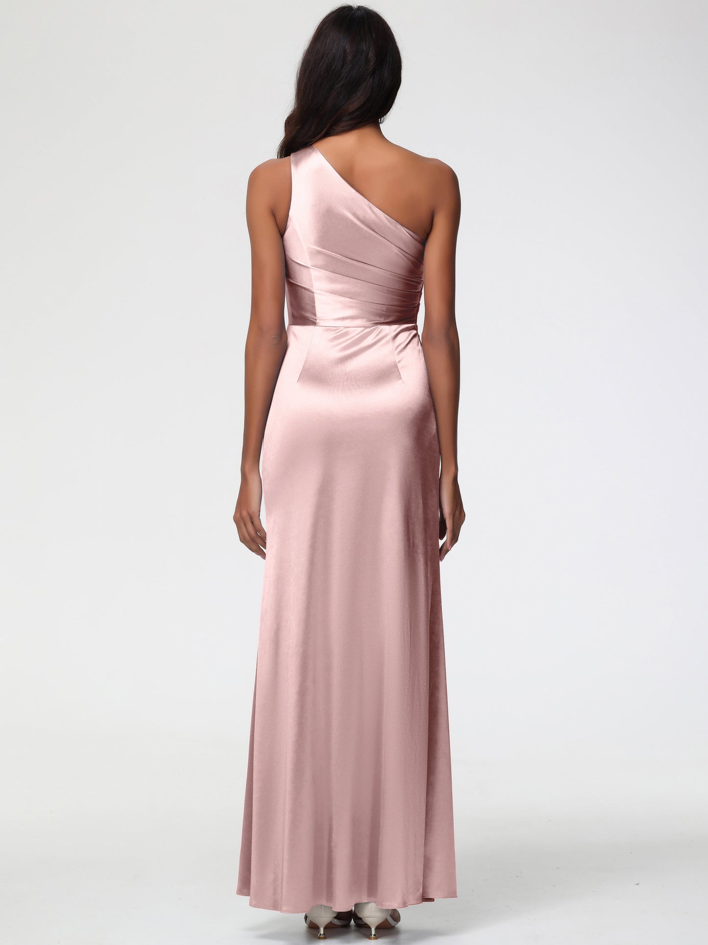 Dusty Rose Pink Bridesmaid Dresses One Shoulder Ruched Sleeveless Sheath/Column Floor Length Bridesmaid Dresses With Slit