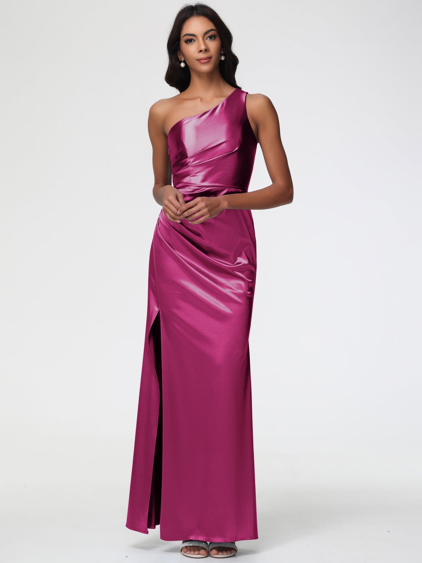 Fuchsia Bridesmaid Dresses Long One Shoulder Ruched Sleeveless Sheath/Column Floor Length Bridesmaid Dresses With Slit