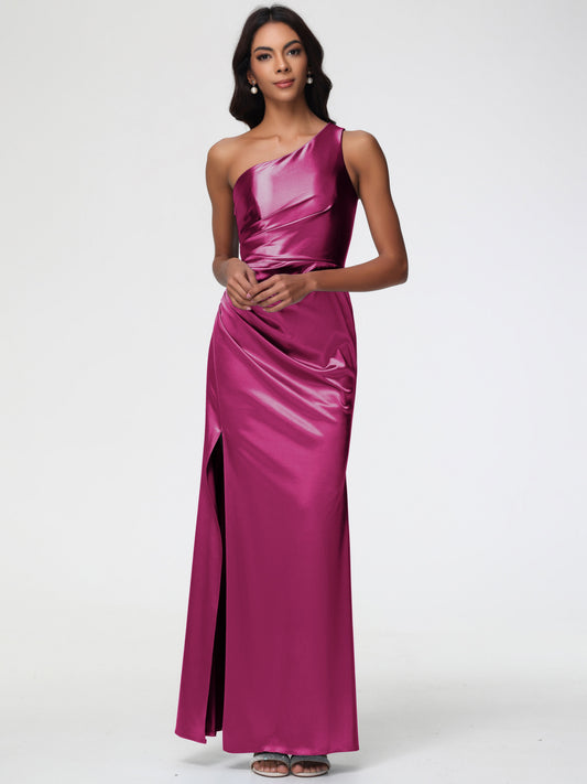 Fuchsia Bridesmaid Dresses Long One Shoulder Ruched Sleeveless Sheath/Column Floor Length Bridesmaid Dresses With Slit