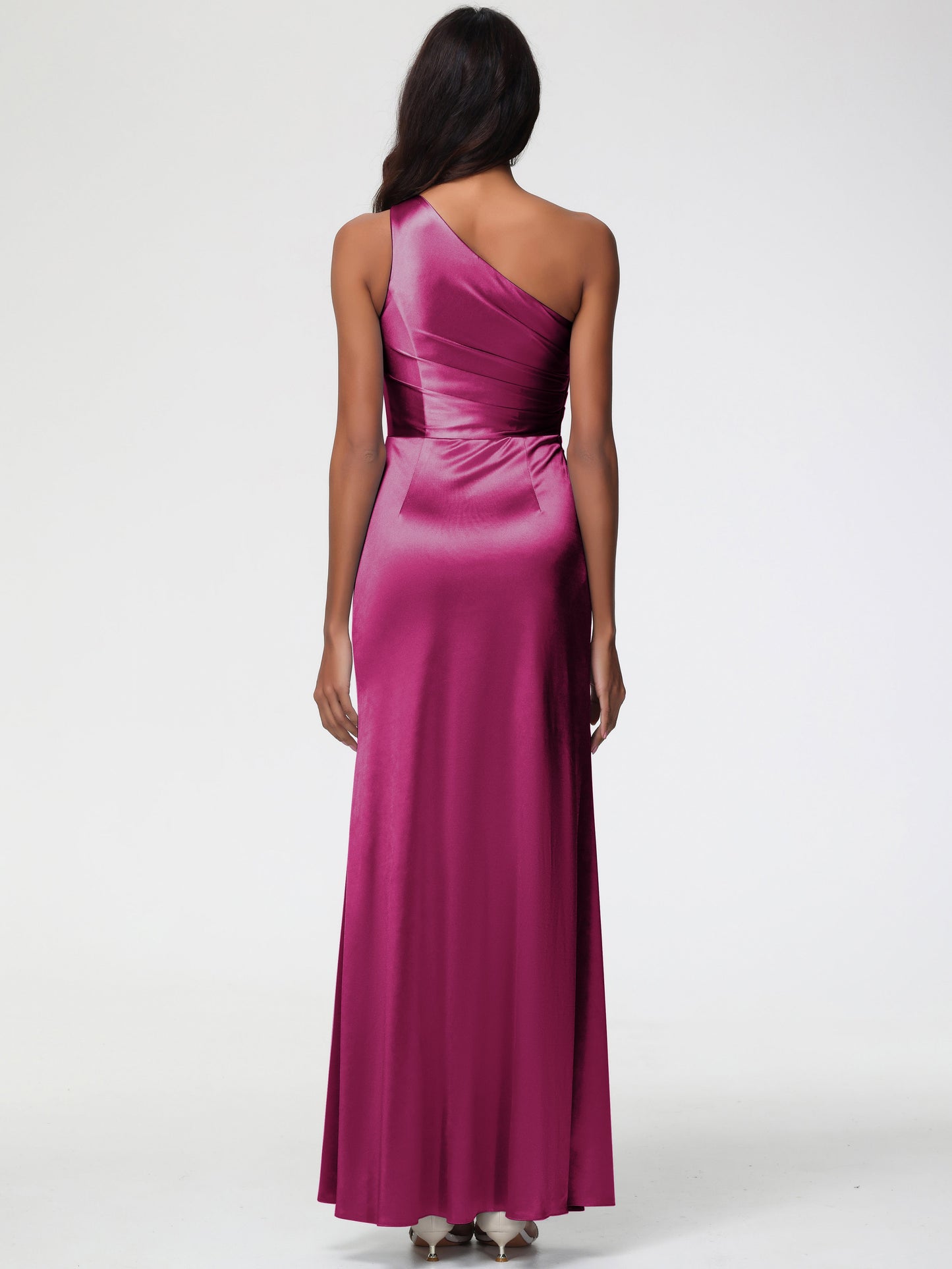 Fuchsia Bridesmaid Dresses Long One Shoulder Ruched Sleeveless Sheath/Column Floor Length Bridesmaid Dresses With Slit